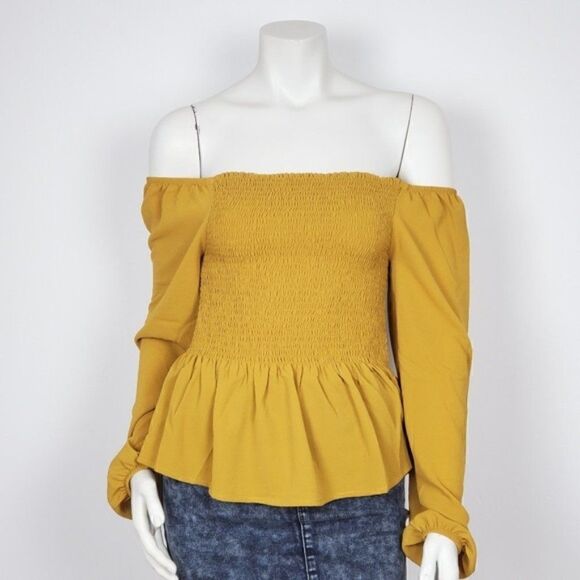 Women's Off Shoulder Mustard  Long Sleeve Top Blouse - Picture 1 of 3